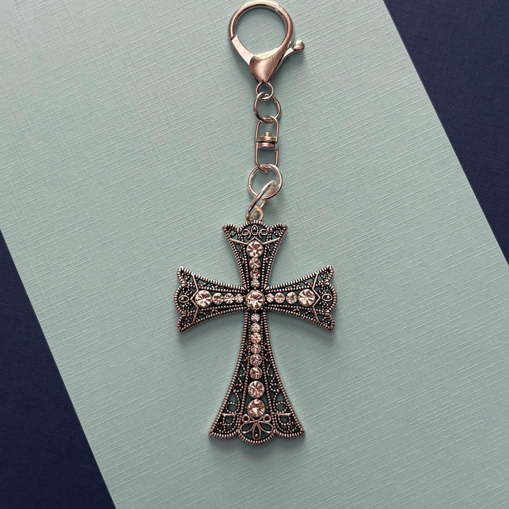 Antique Style Silver Rhinestone Cross Keychain Purse Charm Handbag Accesory‎